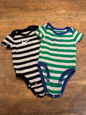 2 Nike Green, Gray & Blue Trim/Black & White Striped Baby Bodysuits Bundle